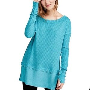 Free People We The Free Turquoise Waffle Knit Scoop Neck Sweater